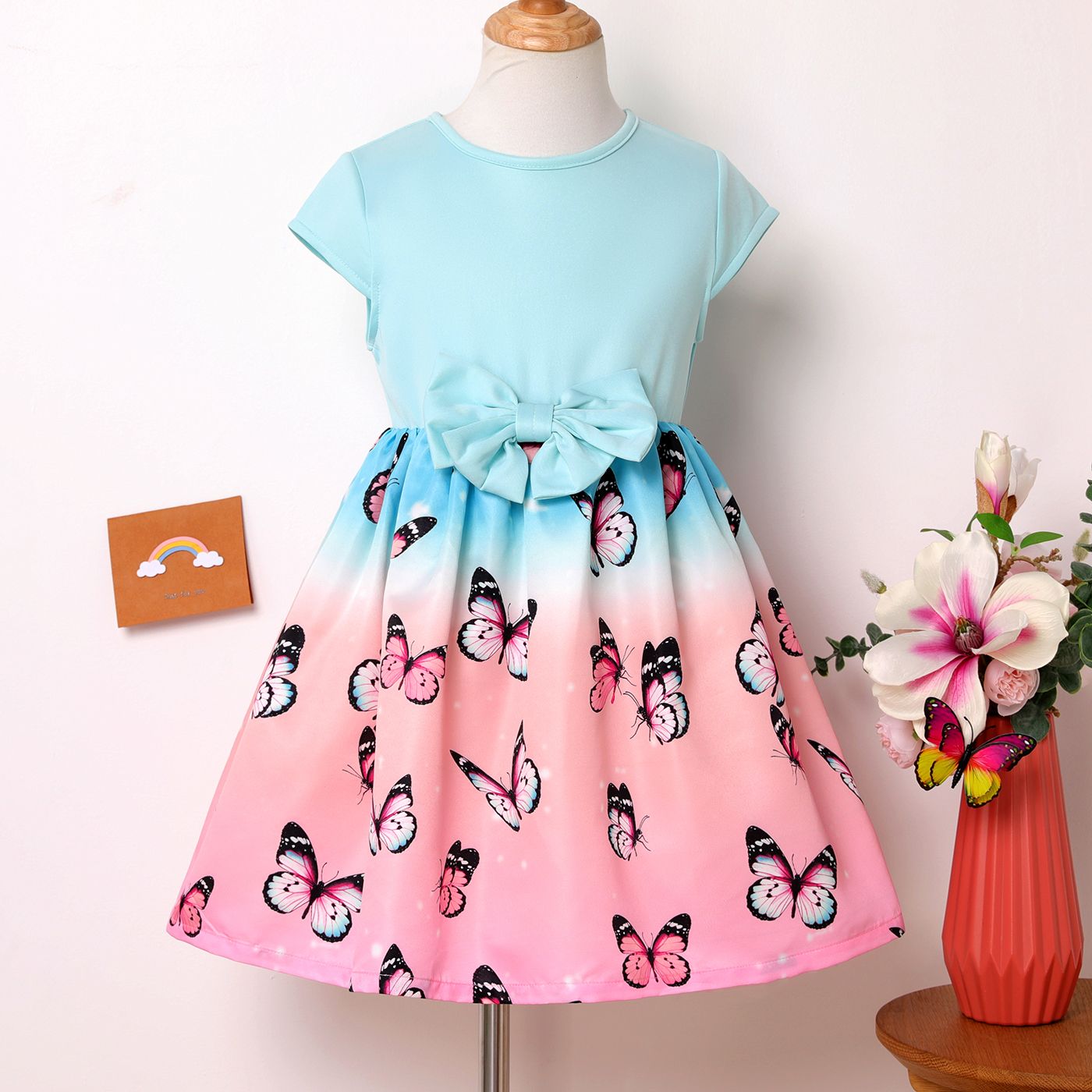 Kid Girl Butterfly Print Bow Front Short-sleeve Dress