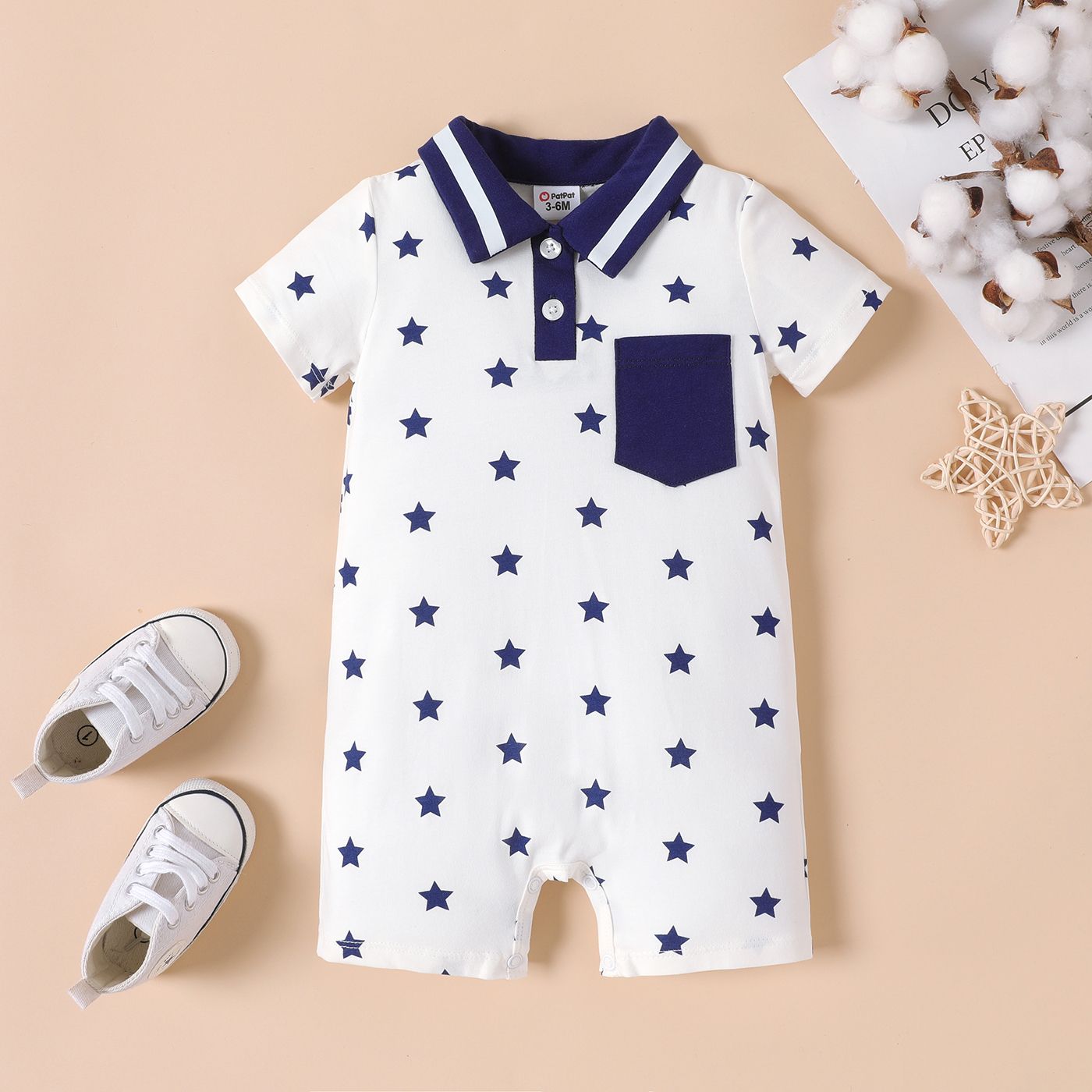 Baby Boy 95% Cotton Allover Star Print Polo Neck Jumpsuit