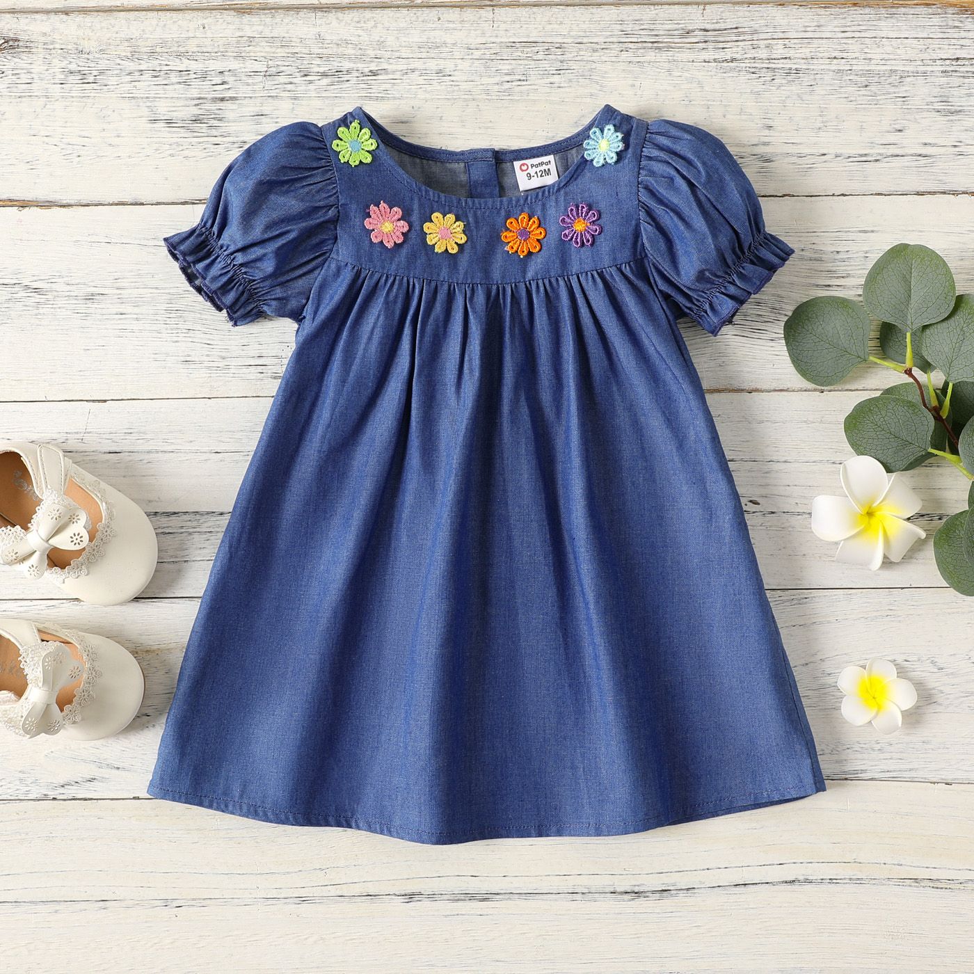 

Baby Girl 100% Cotton Floral Applique Design Puff-sleeve Dress