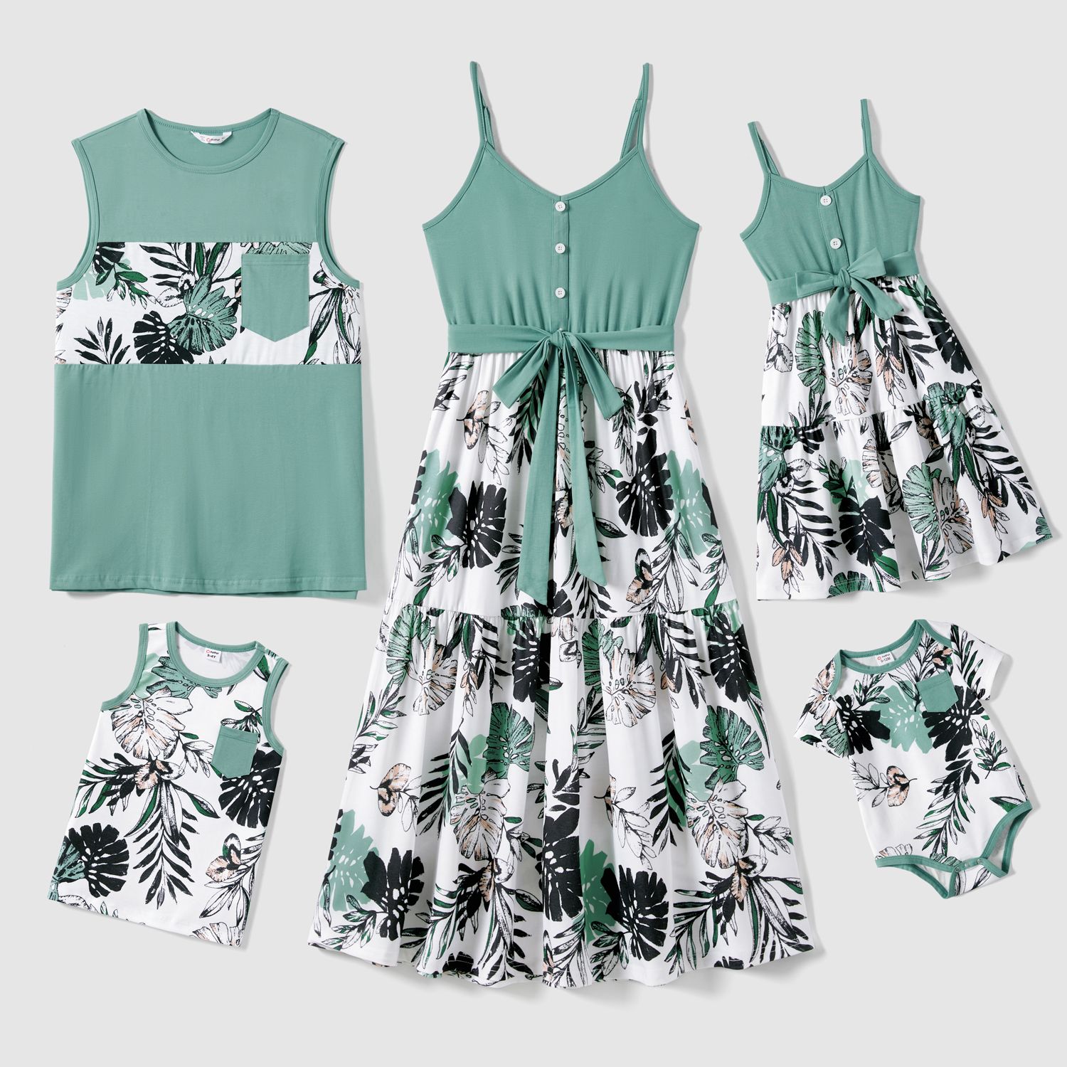 Family Matching Plant Print Belted Slip Dresses And Tank Top Sets