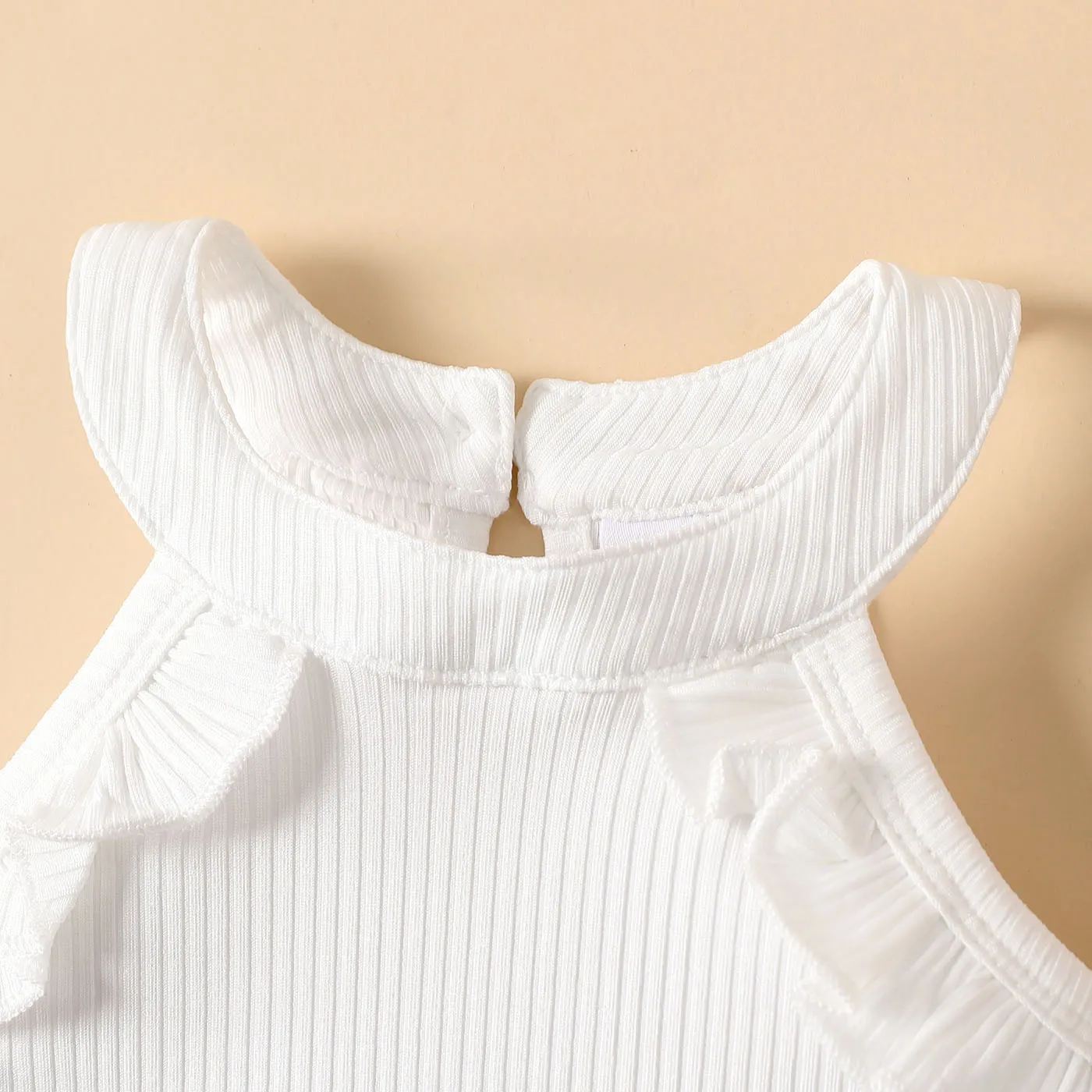 2pcs Baby Girl Ruffled Trim Solid Ribbed Halter Top and 100% Cotton Skirt Set  image 4