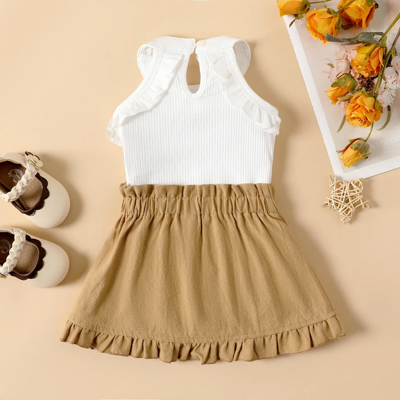 2pcs Baby Girl Ruffled Trim Solid Ribbed Halter Top and 100% Cotton Skirt Set  image 3