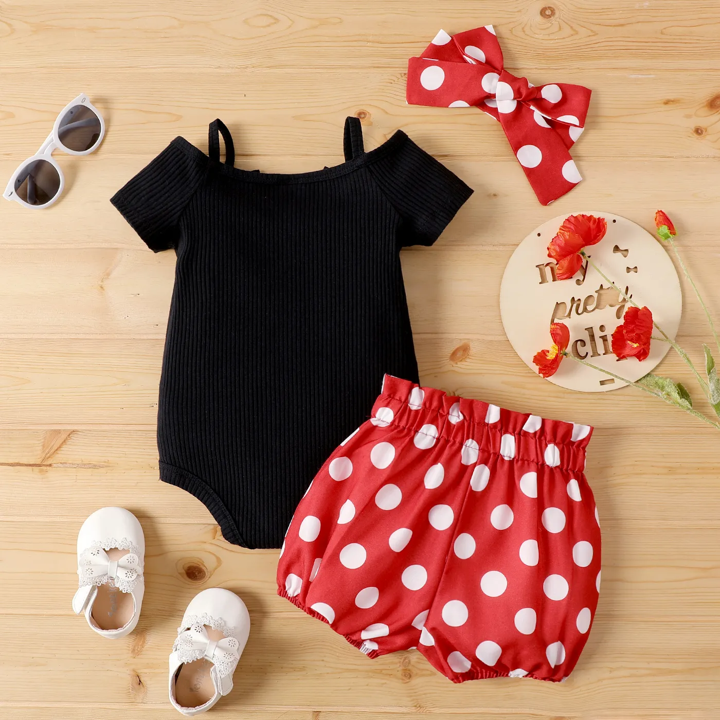 3pcs Baby Girl Black Cotton Ribbed Cold Shoulder Short-sleeve Button Front Romper And Polka Dots Print Short-sleeve & Headband Set