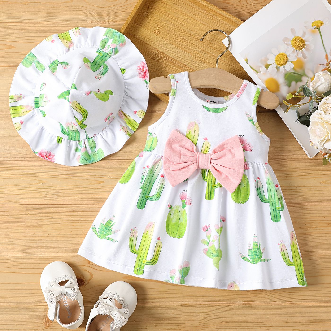 

2pcs Baby Girl Cotton Bowknot Design Cactus Print Sleeveless Dress and Hat