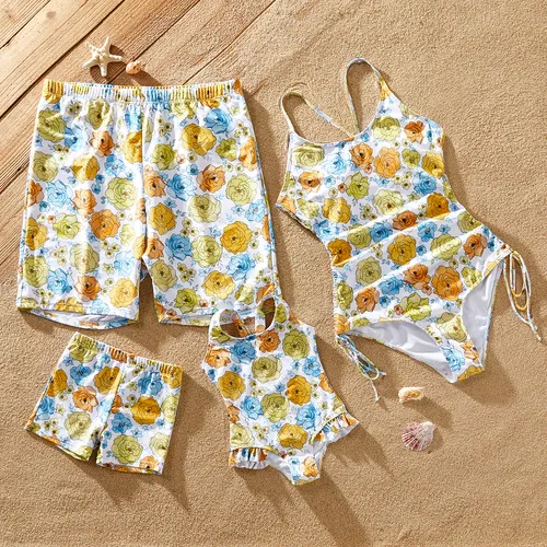 Family Matching Allover Floral Print Spaghetti Strap One-piece Swimsuit or Swim Trunks Shorts