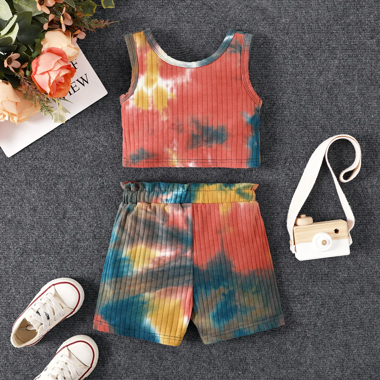 2pcs Toddler Girl Tie Dye Henley Tank Top and Shorts Set Colorful big image 1