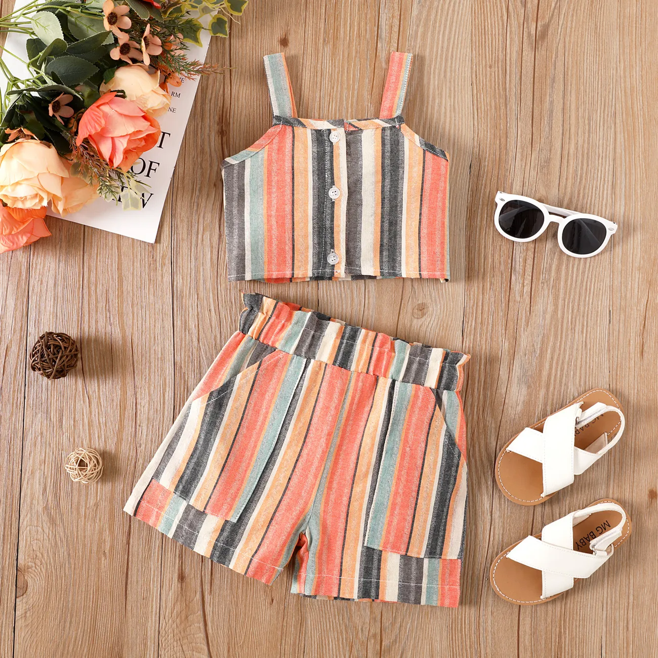 2pcs Toddler Girl Colorful Stripe Pattern Button Up Camisole and Shorts Set Multi-color big image 1