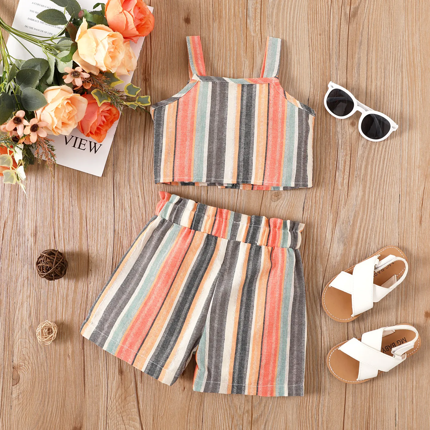 2pcs Toddler Girl Colorful Stripe Pattern Button Up Camisole and Shorts Set Multi-color image 2