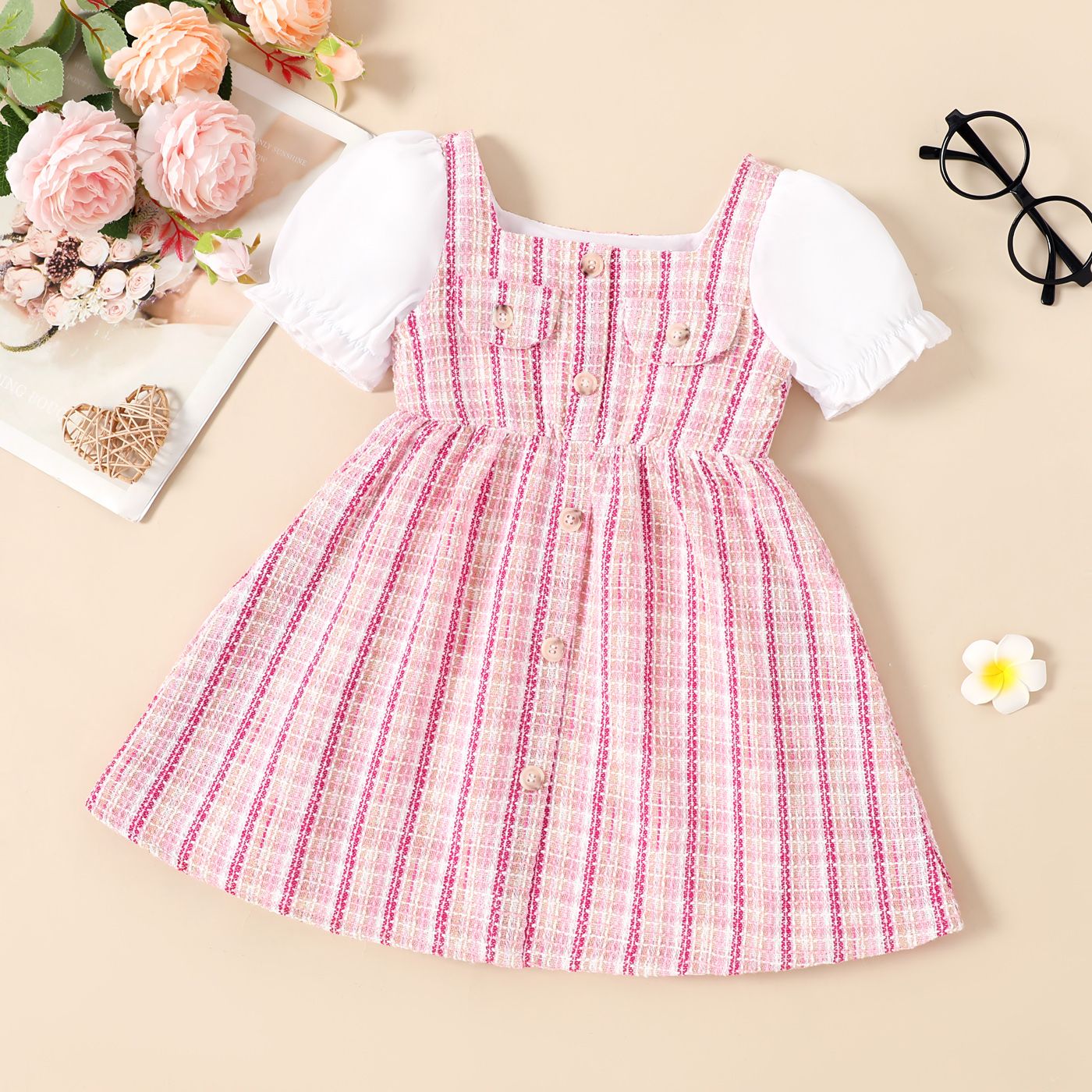 

Toddler Girl Square Neck Short-sleeve Tweed Dress