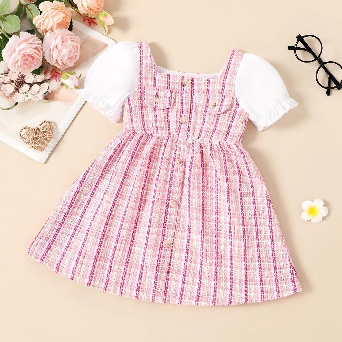Toddler Girl Square Neck Short-sleeve Tweed Dress  Pink big image 1