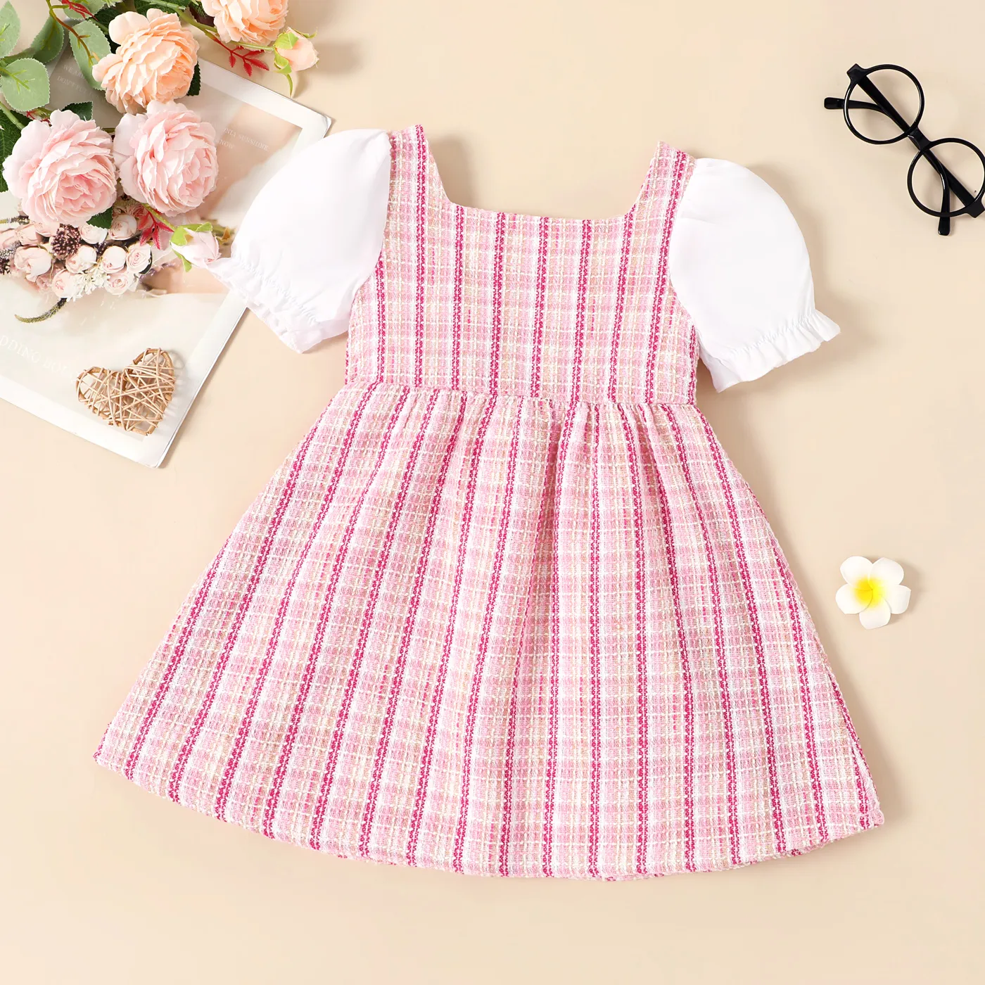 Toddler Girl Square Neck Short-sleeve Tweed Dress  Pink image 2
