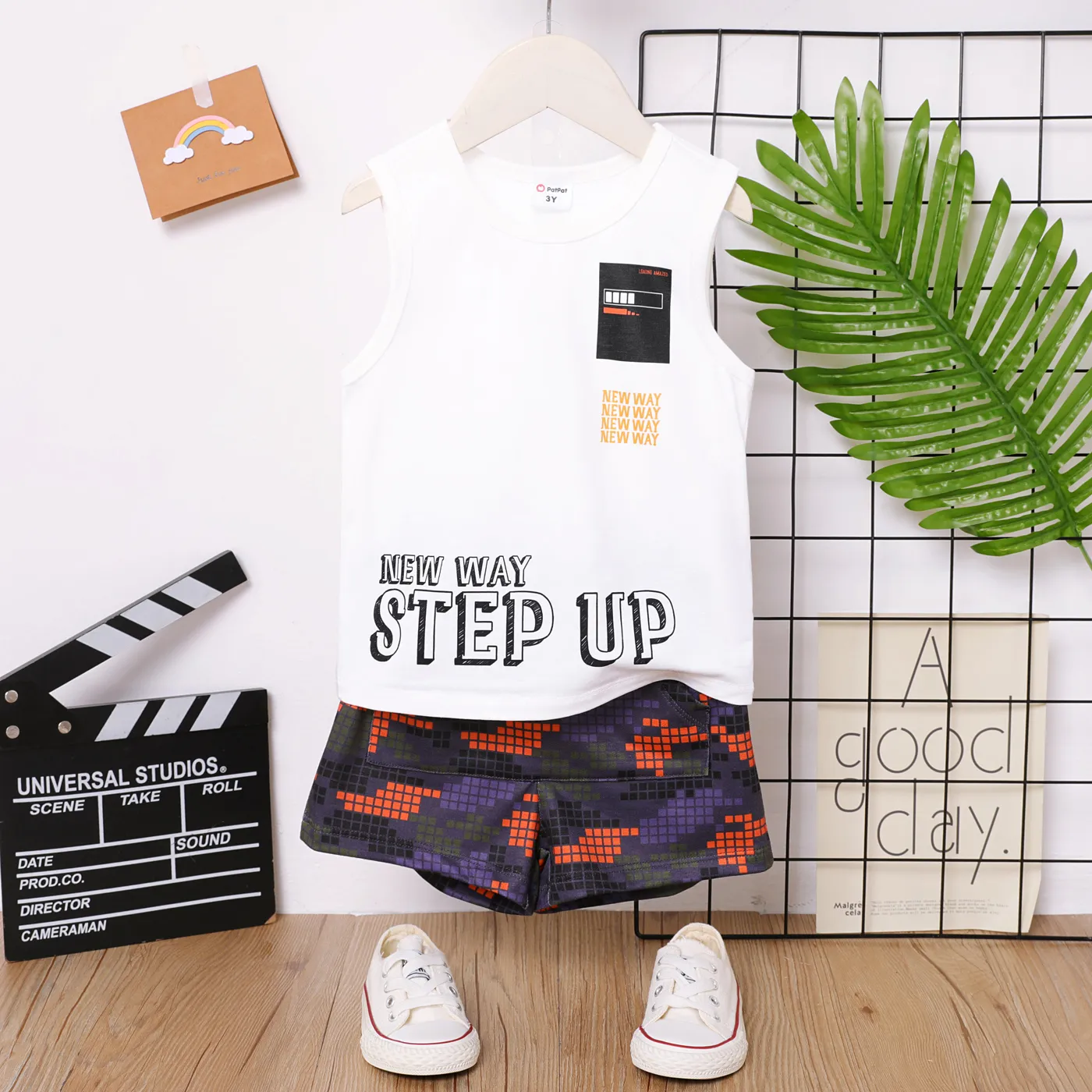 2pcs Toddler Boy Letters Print Vest and Camouflage Print Shorts Set  big image 1