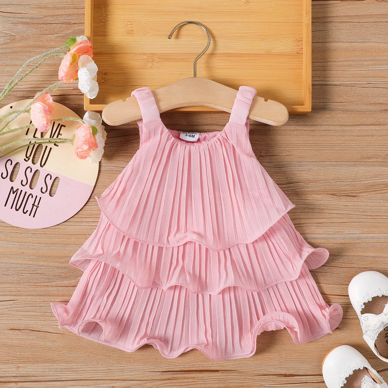 Baby Girl Pink Lettuce Trim Layered Pleated Dress big image 1