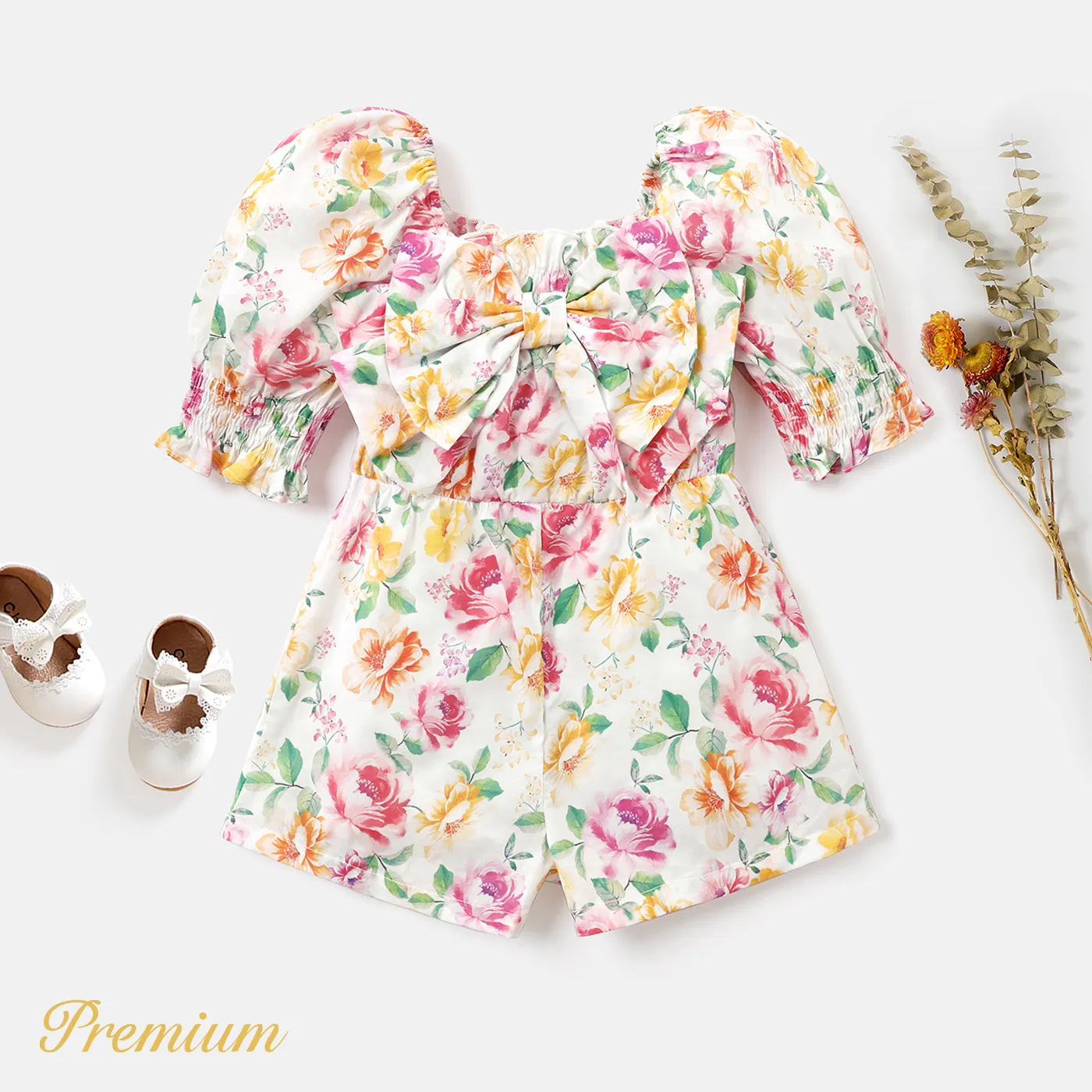 Toddler Girl 100% Cotton Allover Floral Print Bow Front Romper Colorful big image 1