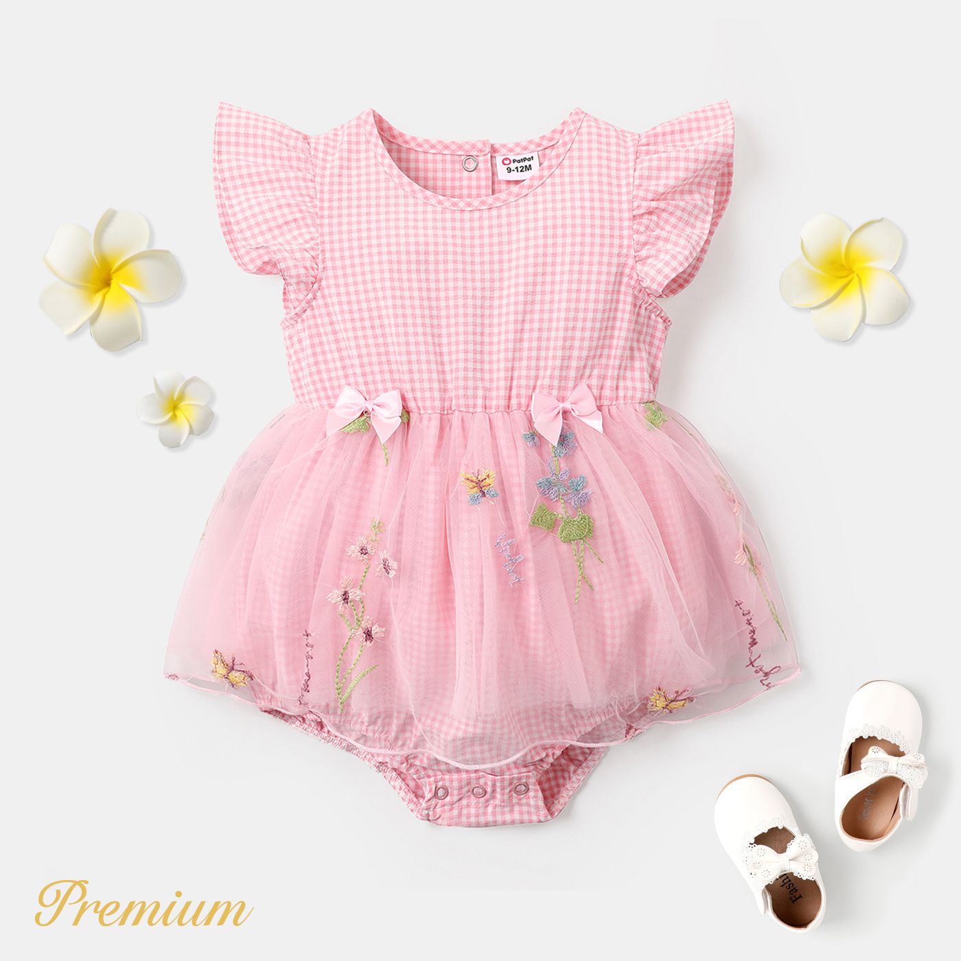<Sérénade Florale> Baby Girl Plaid Ruffle-sleeve Mesh Overlay Romper / Robe Brodée Florale Smocked Slip Dress