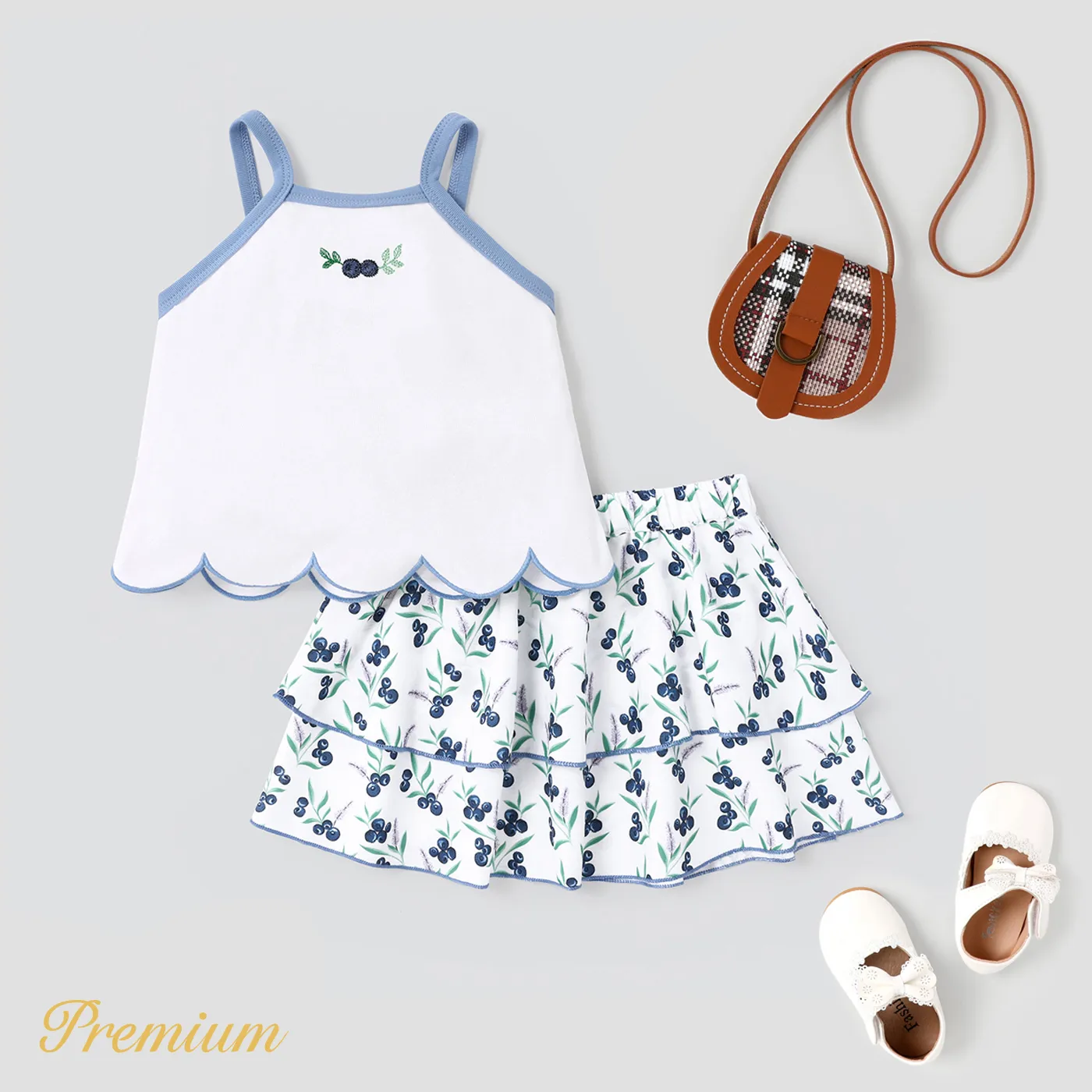 2pcs Baby Girl Blueberry Print Camisole and Layered Skirt Set White big image 1