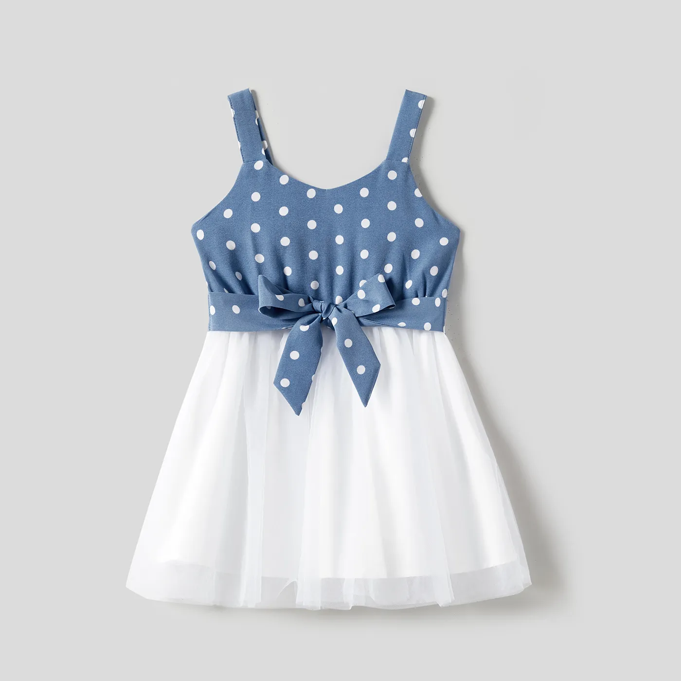 Mommy and Me Polka Dots Print Belted Cami Dresses Blue big image 1