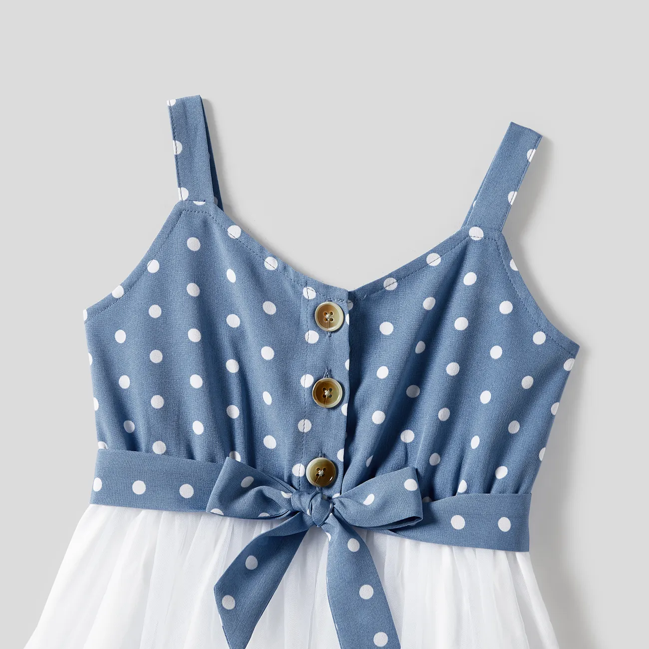 Mommy and Me Polka Dots Print Belted Cami Dresses Blue big image 1
