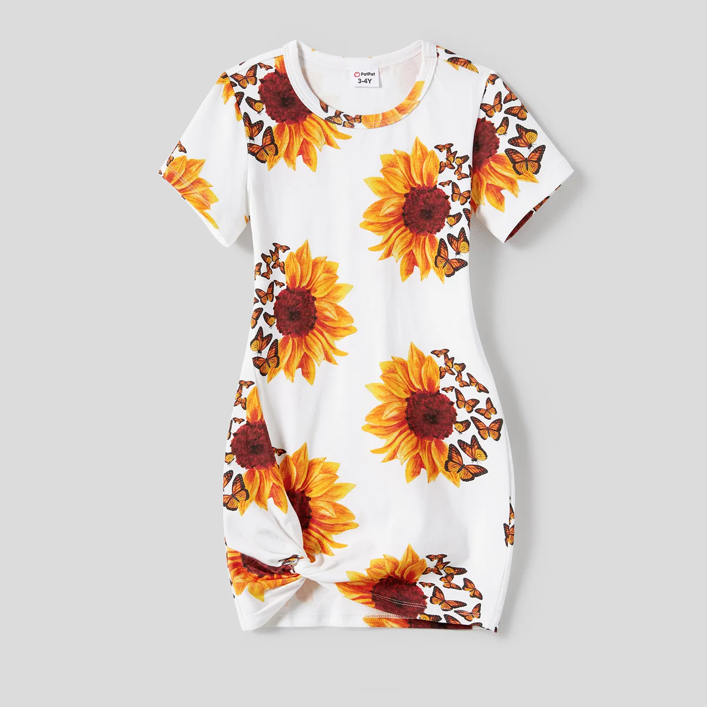 Family Matching Sunflower Print Short-sleeve Dresses and Colorblock Stripe Splice Short-sleeve T-shi