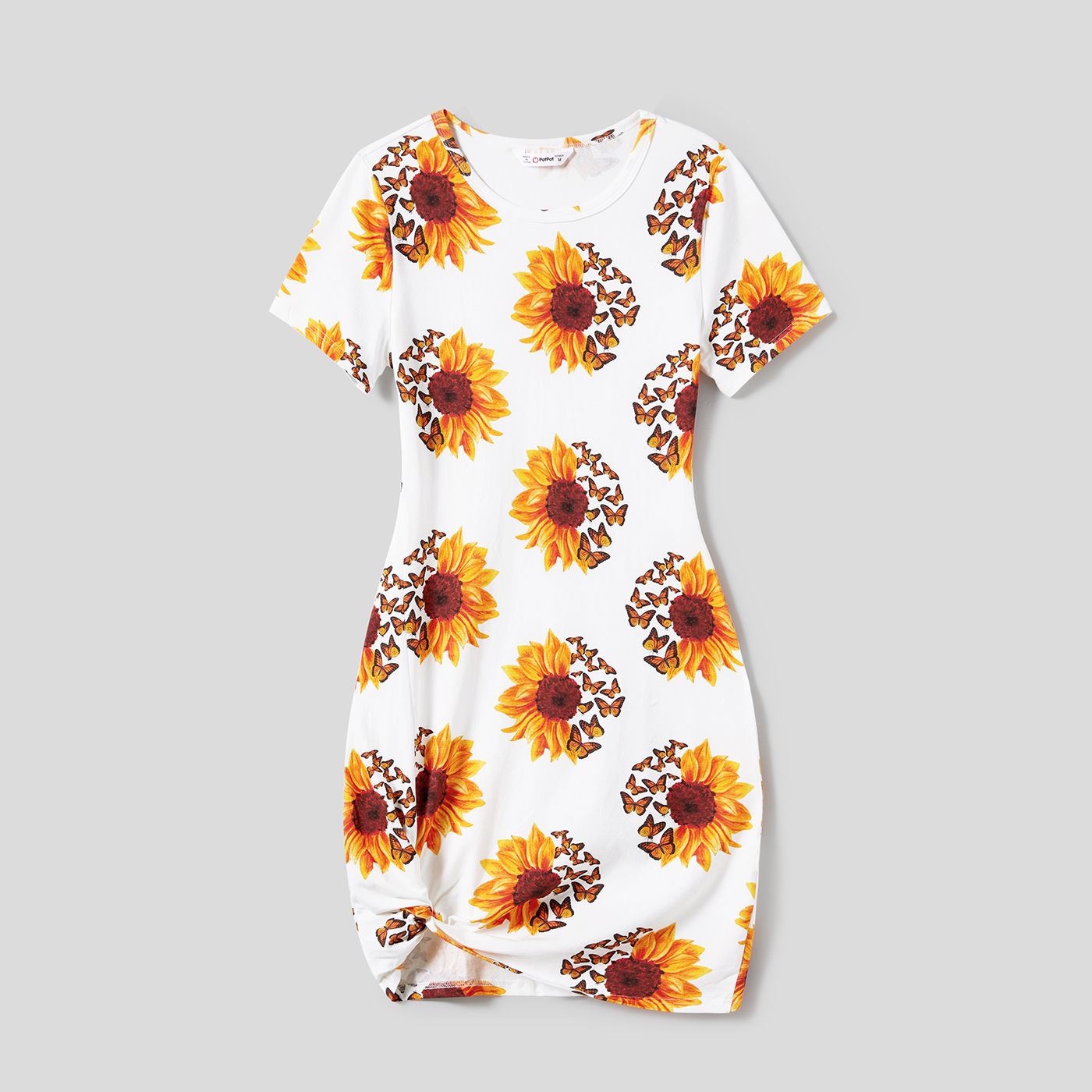 Family Matching Sunflower Print Short-sleeve Dresses And Colorblock Stripe Splice Short-sleeve T-shirts Sets