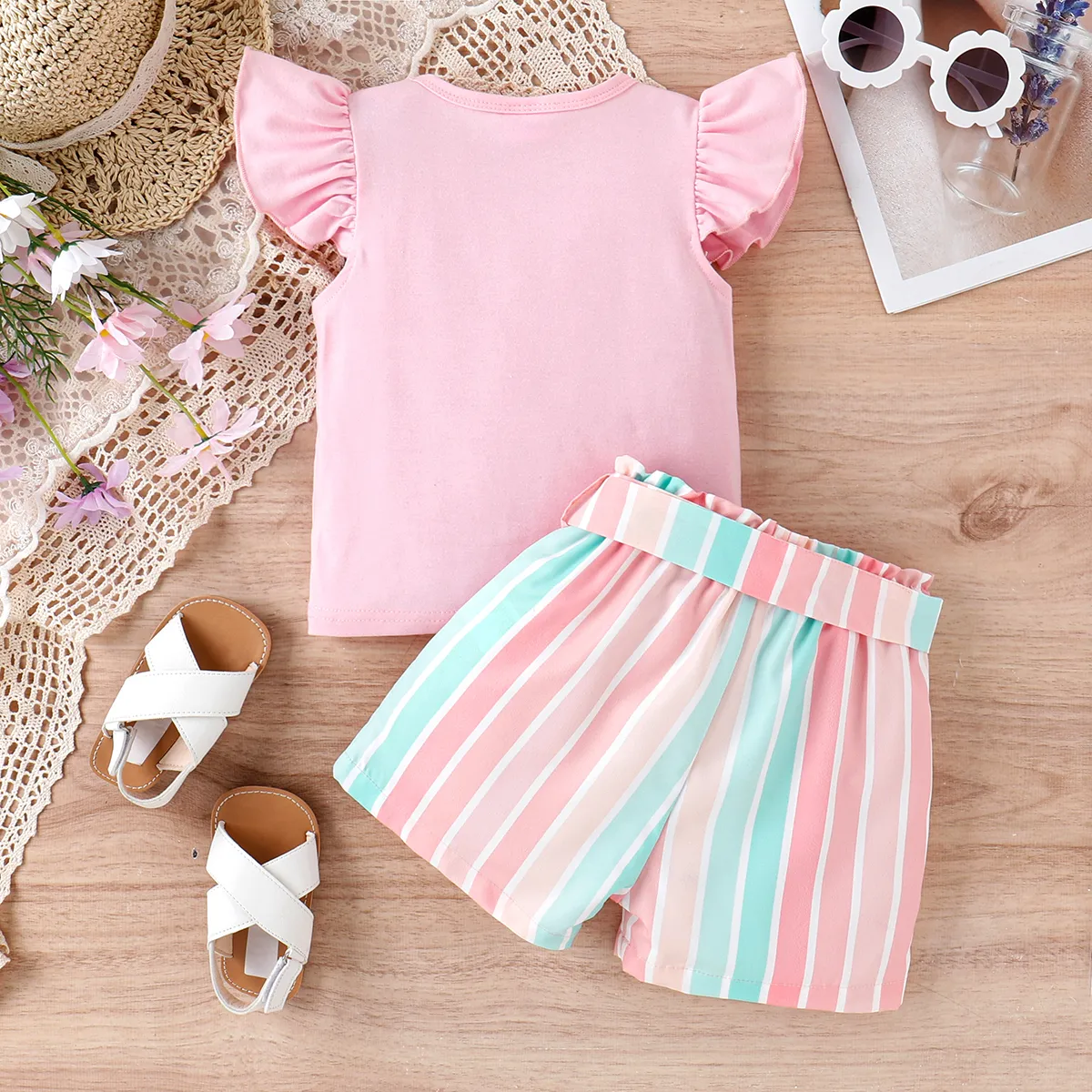 2pcs Baby Girl Solid 95% Cotton Flutter-sleeve Tee and Striped Belted Shorts Set  image 2