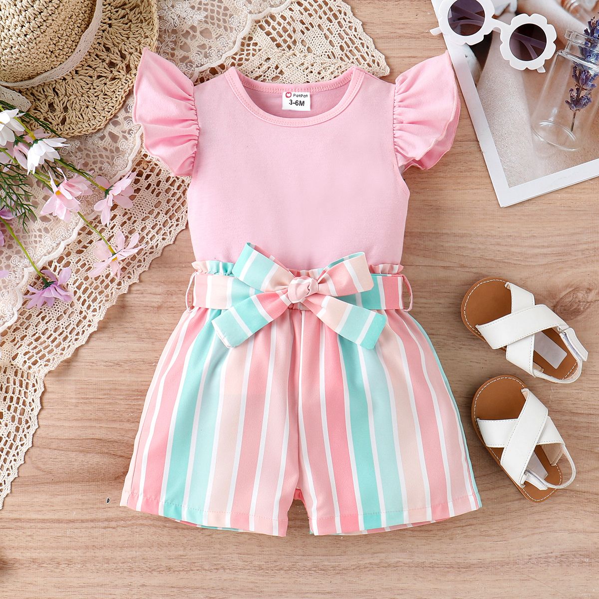 2pcs Baby Girl Solid 95% Cotton Flutter-sleeve Tee And Striped Belted Shorts Set