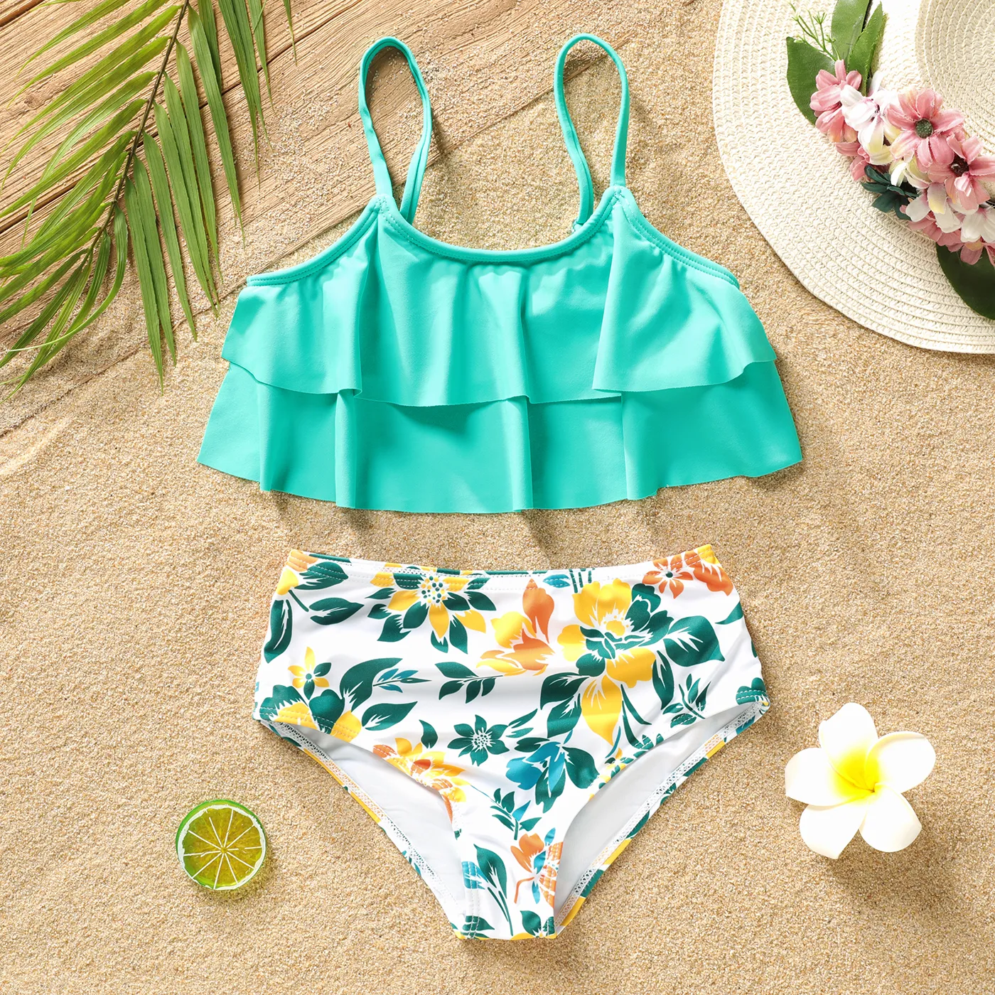 2pcs Kid Girl Floral Print Ruffled Swimsuit