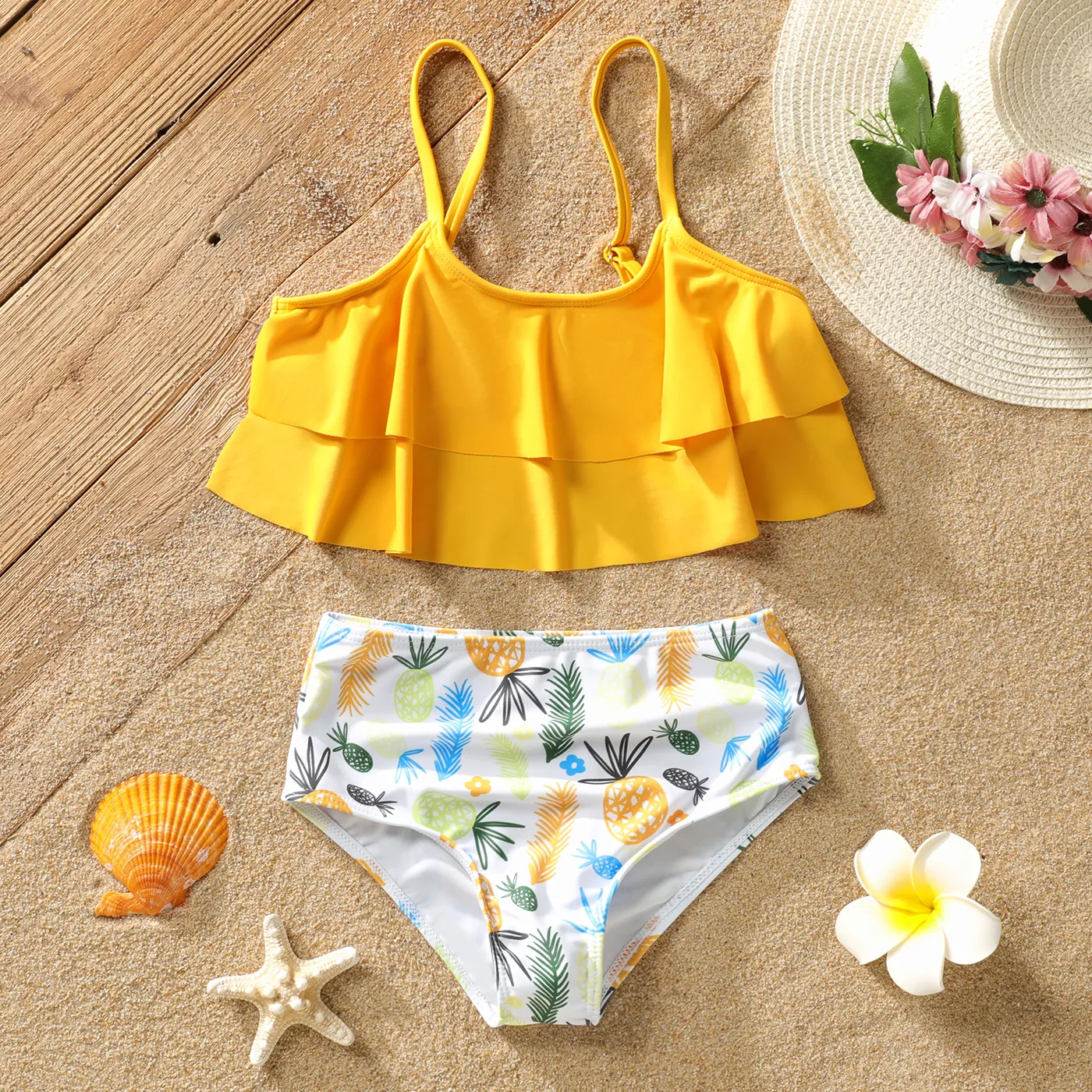2pcs Kid Girl Floral Print Ruffled Swimsuit  image 2