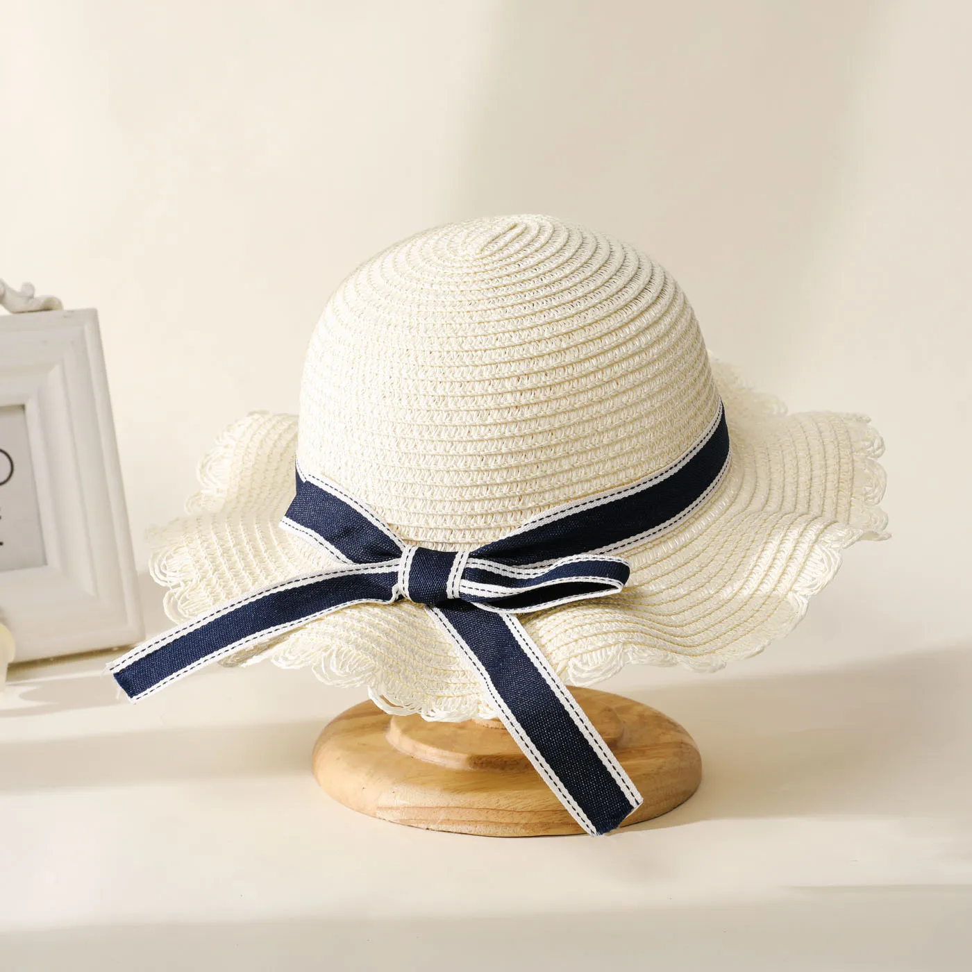 Women/Kid Bow Strap Decor Solid Straw Hat Beige big image 1