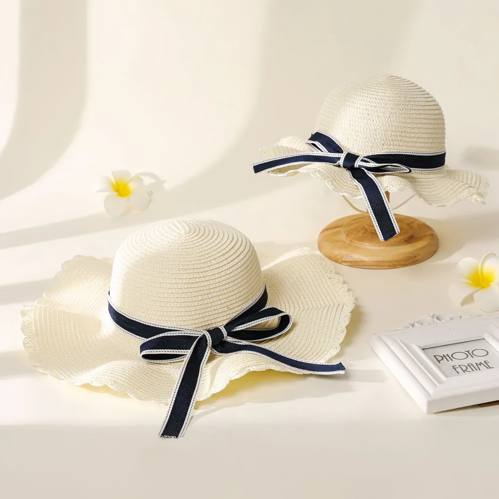 Women/Kid Bow Strap Decor Solid Straw Hat big image 2