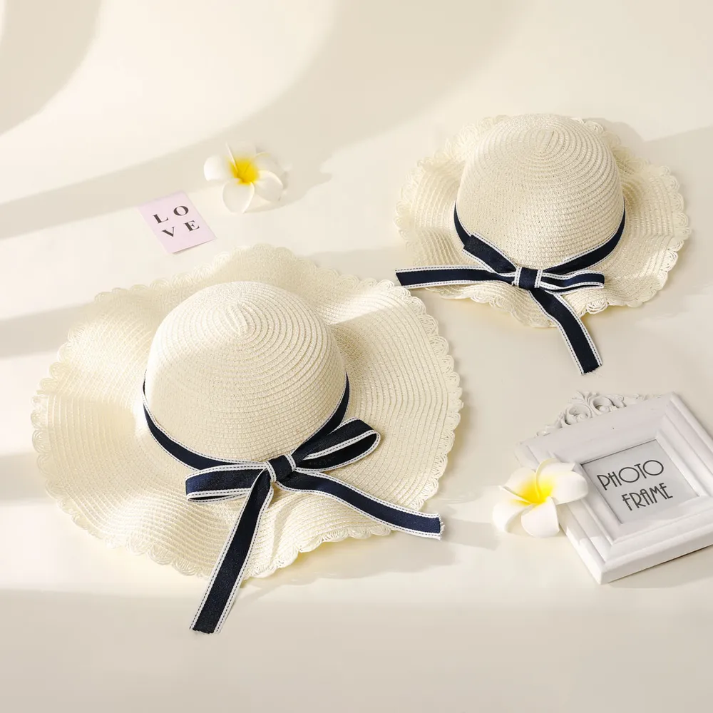 Women/Kid Bow Strap Decor Solid Straw Hat big image 5