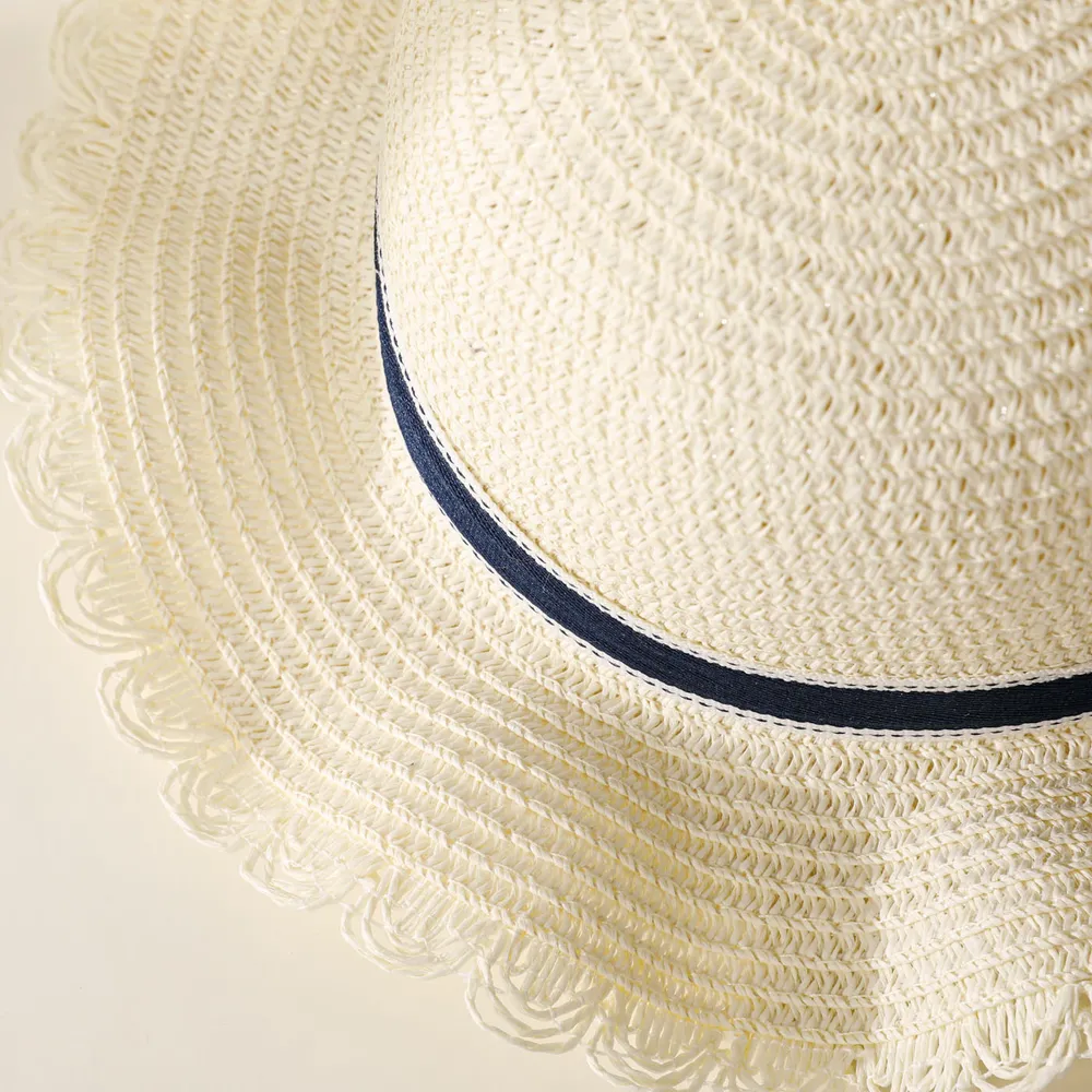 Women/Kid Bow Strap Decor Solid Straw Hat big image 4