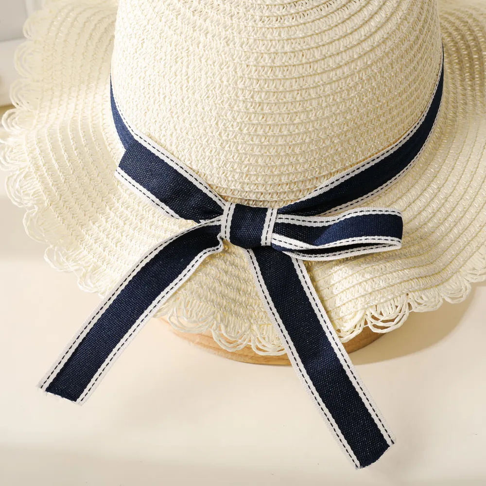 Women/Kid Bow Strap Decor Solid Straw Hat big image 3