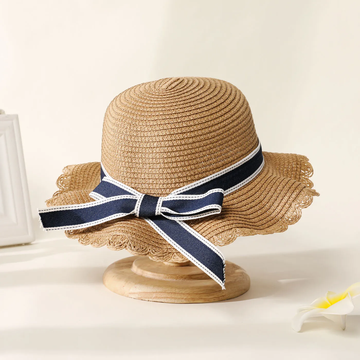 Women/Kid Bow Strap Decor Solid Straw Hat Khaki