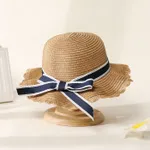 Women/Kid Bow Strap Decor Solid Straw Hat Khaki