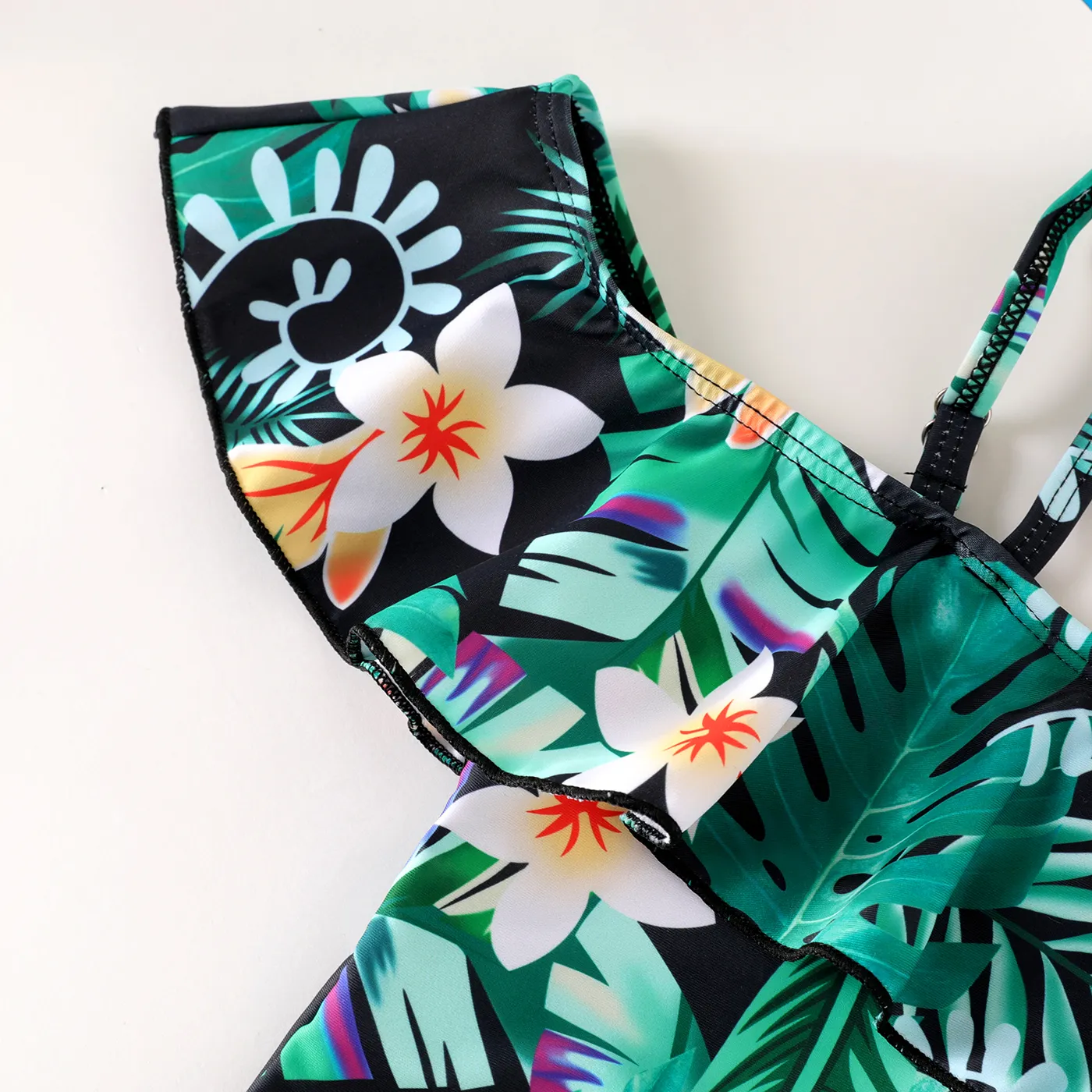 Kid Girl Floral & Plant Print Ruffled One Piece Swimsuit Green image 4