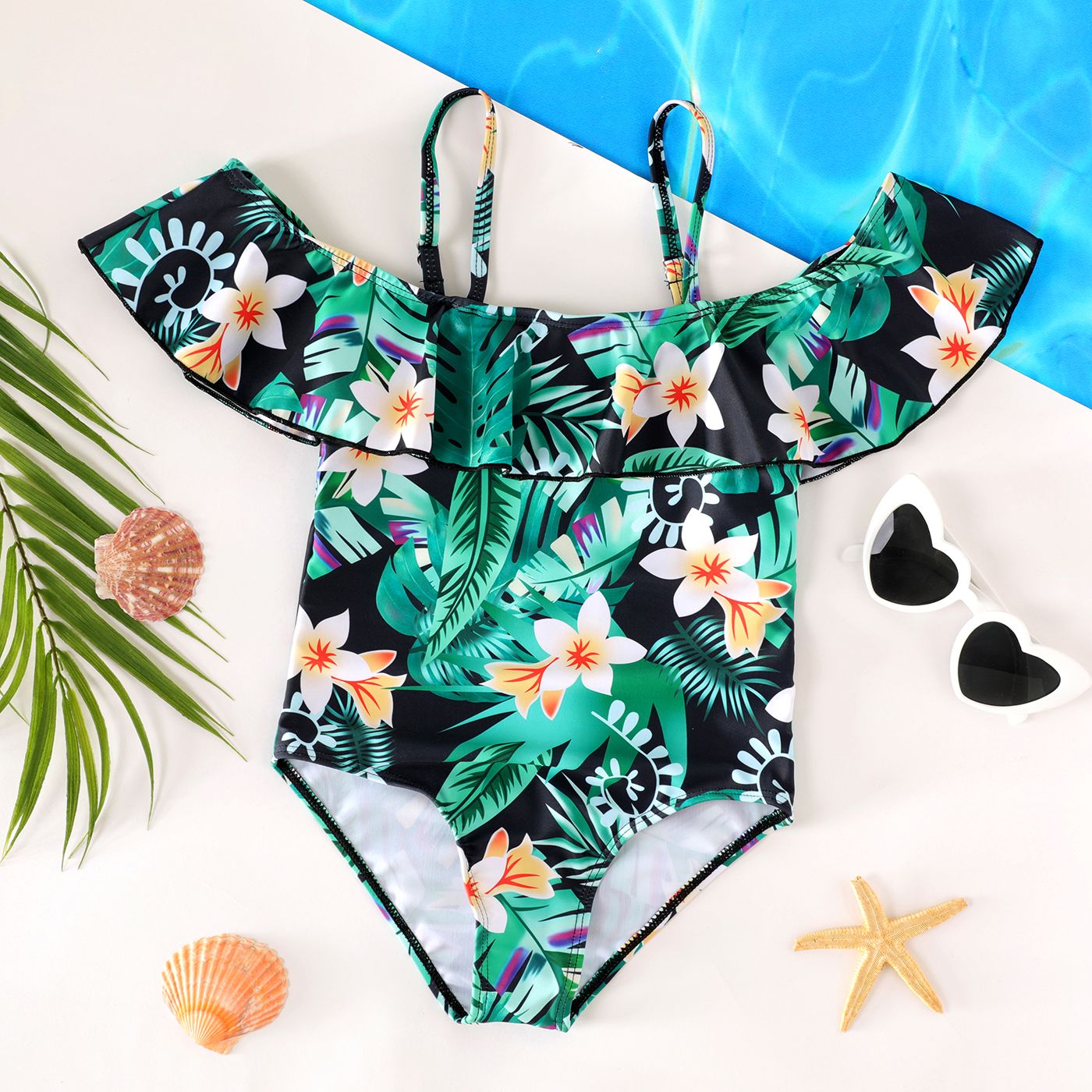 Kid Girl Floral & Plant Print Ruffled One Piece Swimsuit