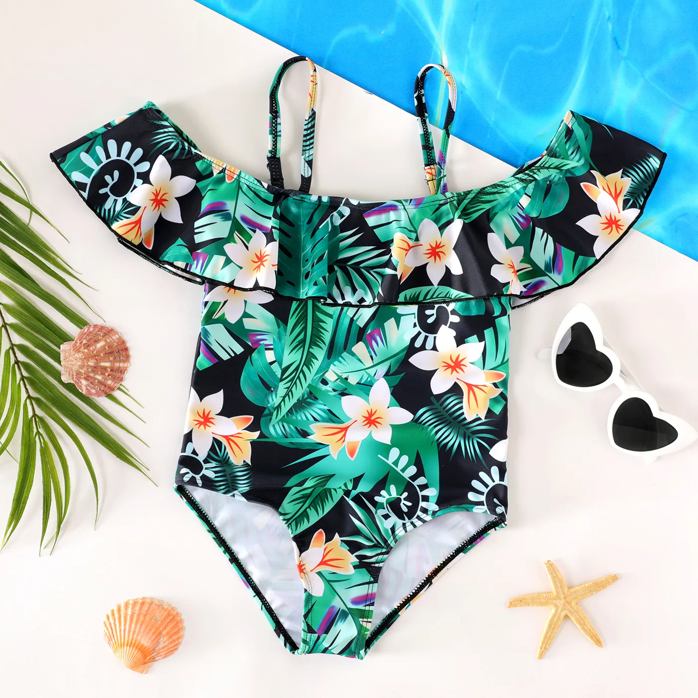 Kid Girl Floral & Plant Print Ruffled One Piece Swimsuit Green big image 1