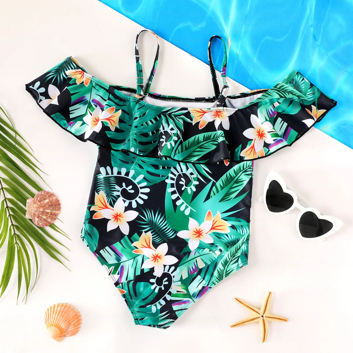 Kid Girl Floral & Plant Print Ruffled One Piece Swimsuit Green image 2