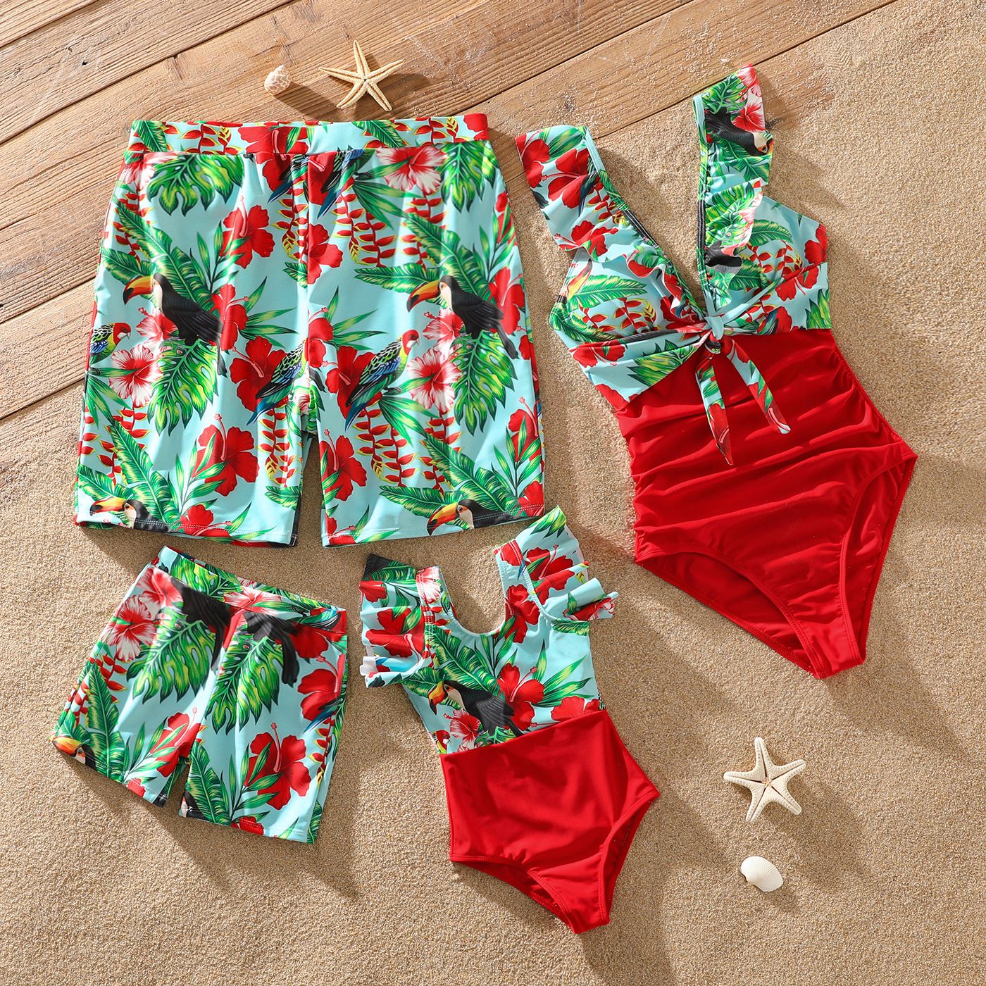 

Family Matching Allover Tropical Plant Print Spliced One-piece Swimsuit and Swim Trunks