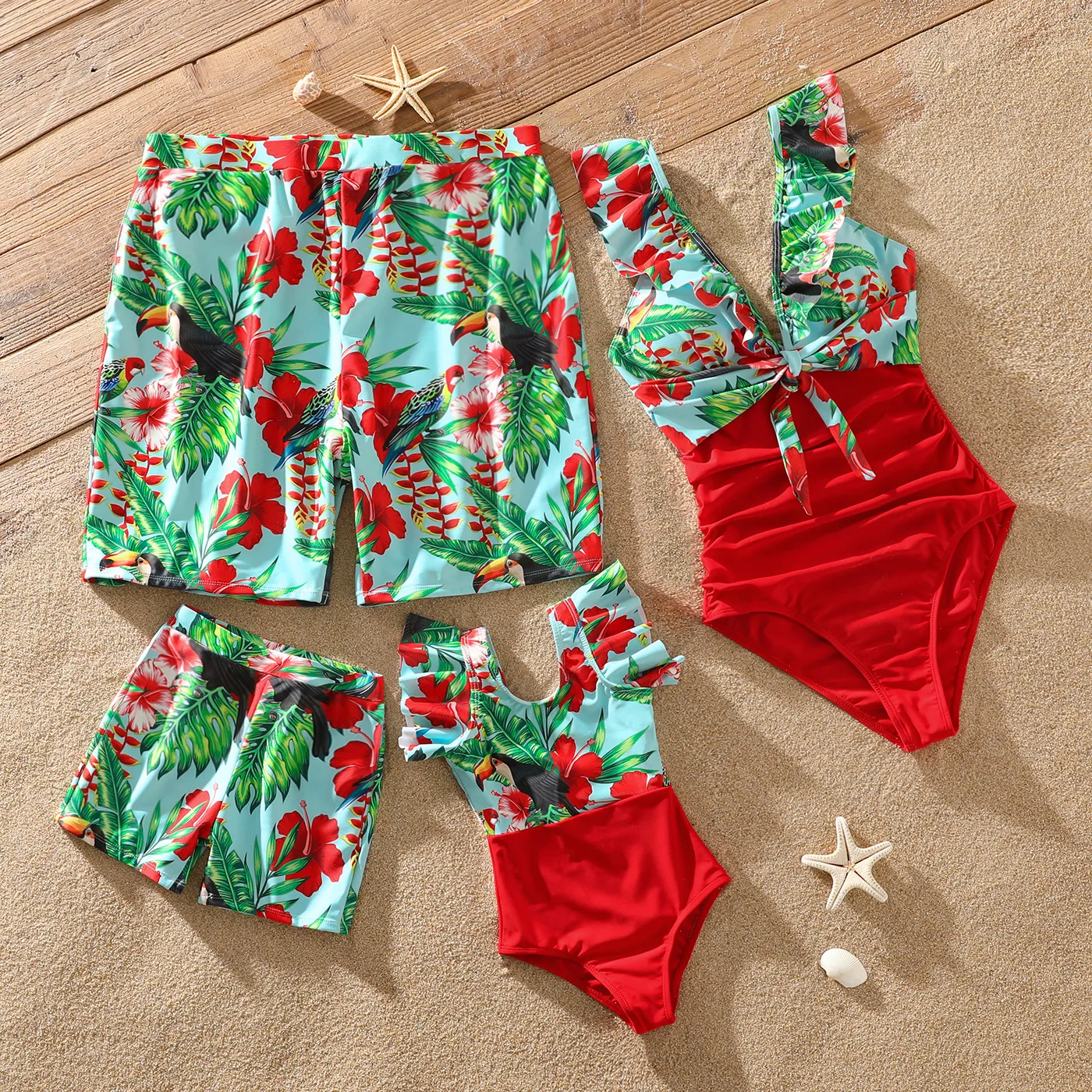 Family Matching Allover Tropical Plant Print Spliced One-piece Swimsuit and Swim Trunks