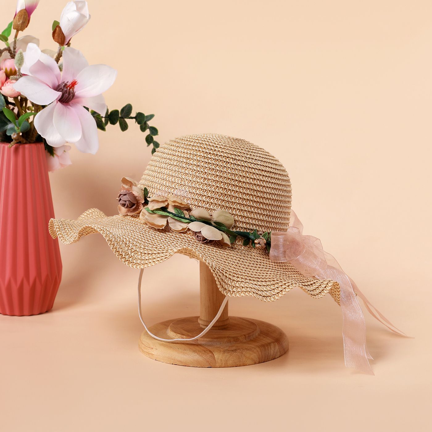 Women/Kid Ruffled Floral Strap Hat