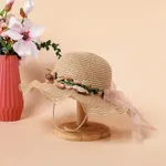 Women/Kid Ruffled Floral Strap Hat Khaki