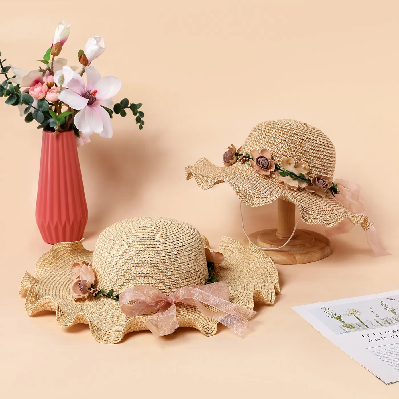 Women/Kid Ruffled Floral Strap Hat
