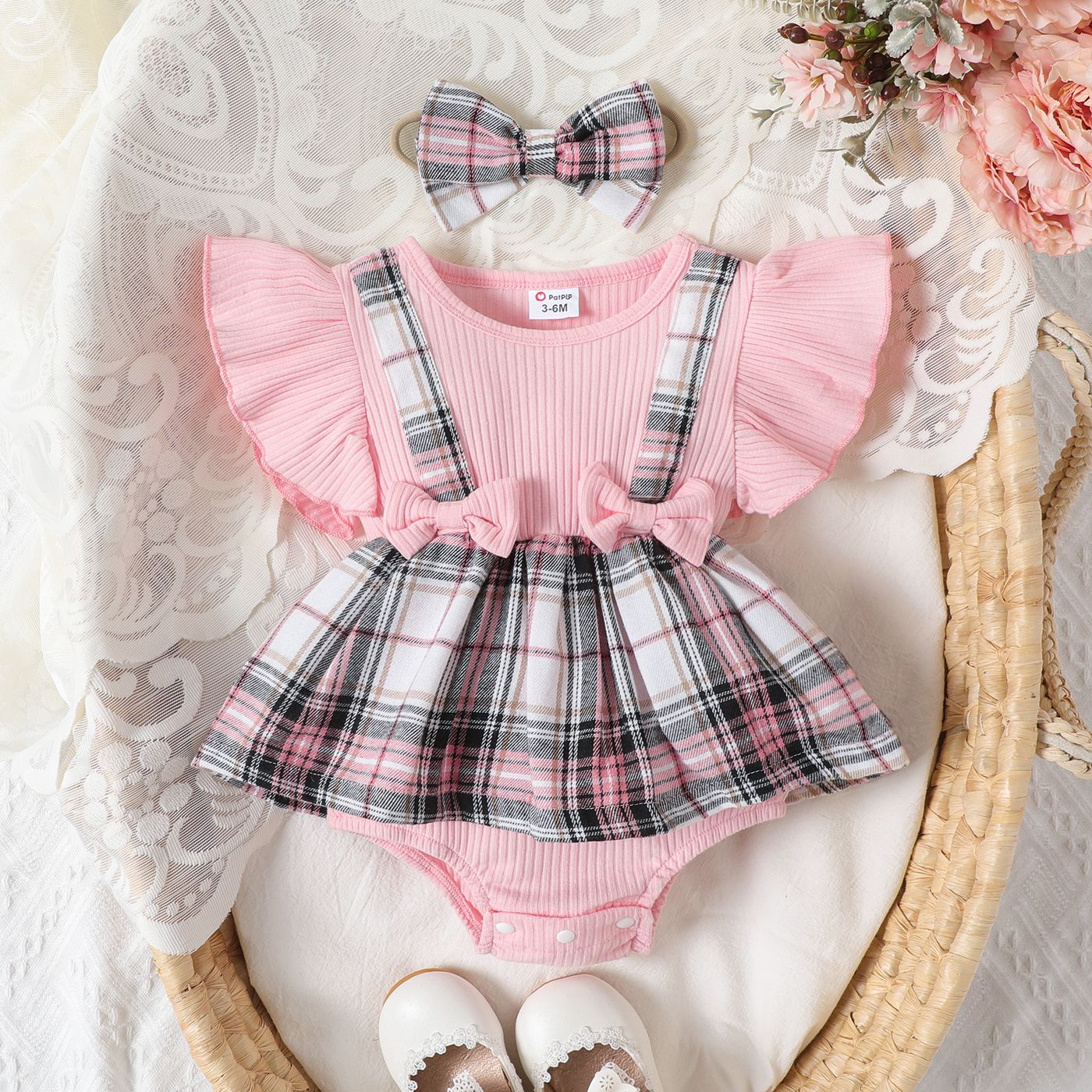 2pcs Baby Girl Ruffle-sleeve Plaid Combo Ribbed Bodysuit Dress And Headband Set