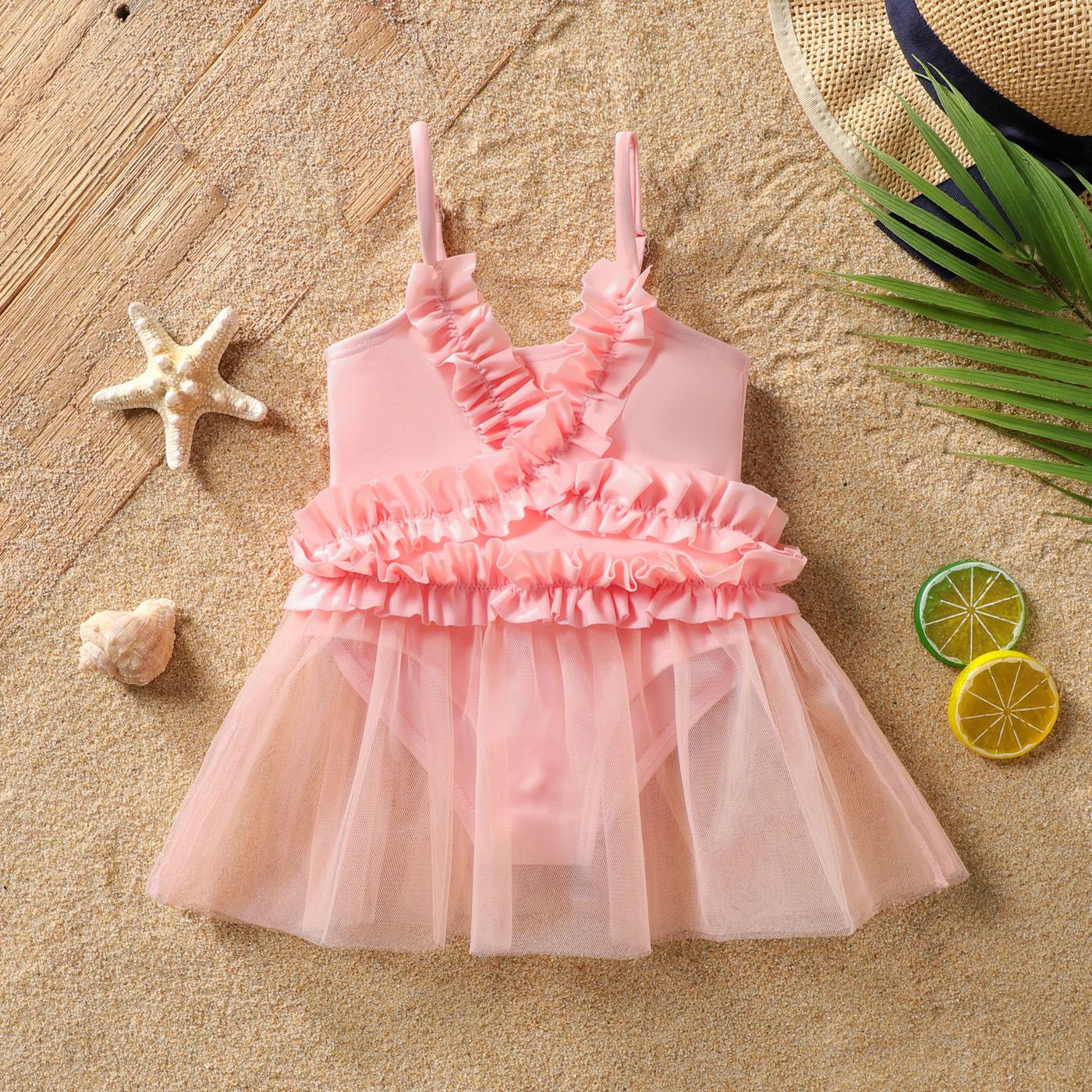 

Baby Girl Pink Frill Trim Mesh Skirted One-piece Swimsuit