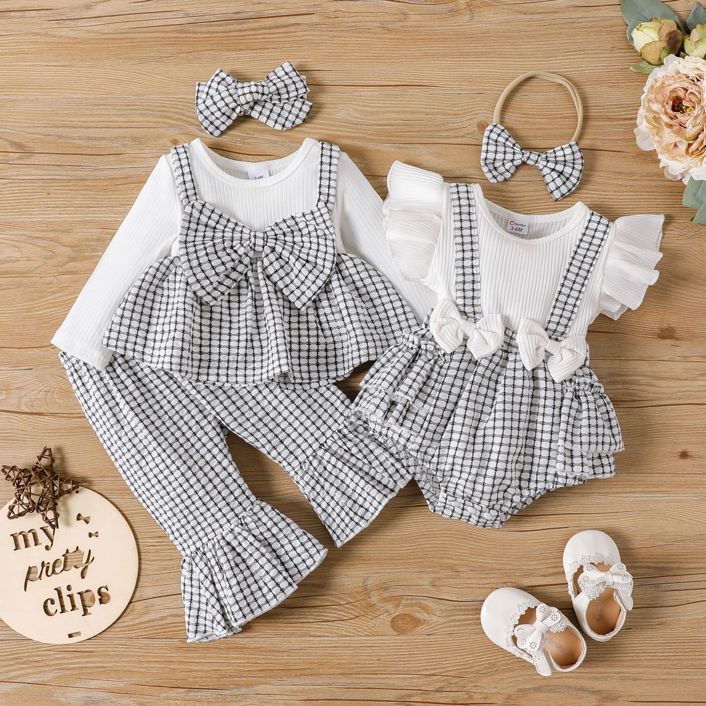 

2pcs Baby Girl 95% Cotton Bow Front Ruffle-sleeve Plaid Ribbed Combo Romper with Headband Set / 3pcs Long-sleeve Top and Flared Pants and Headband Set