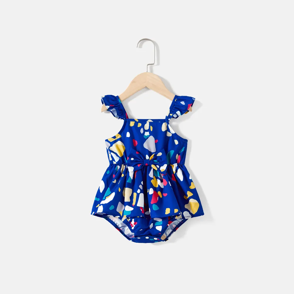Mommy and Me Allover Geo Print Wrap Knot Side Ruffle Slip Dresses big image 1