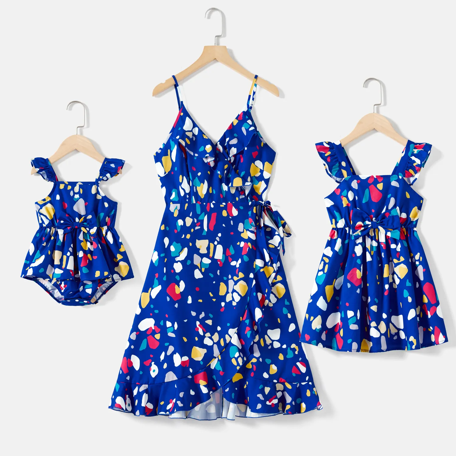 Mommy and Me Allover Geo Print Wrap Knot Side Ruffle Slip Dresses  image 2