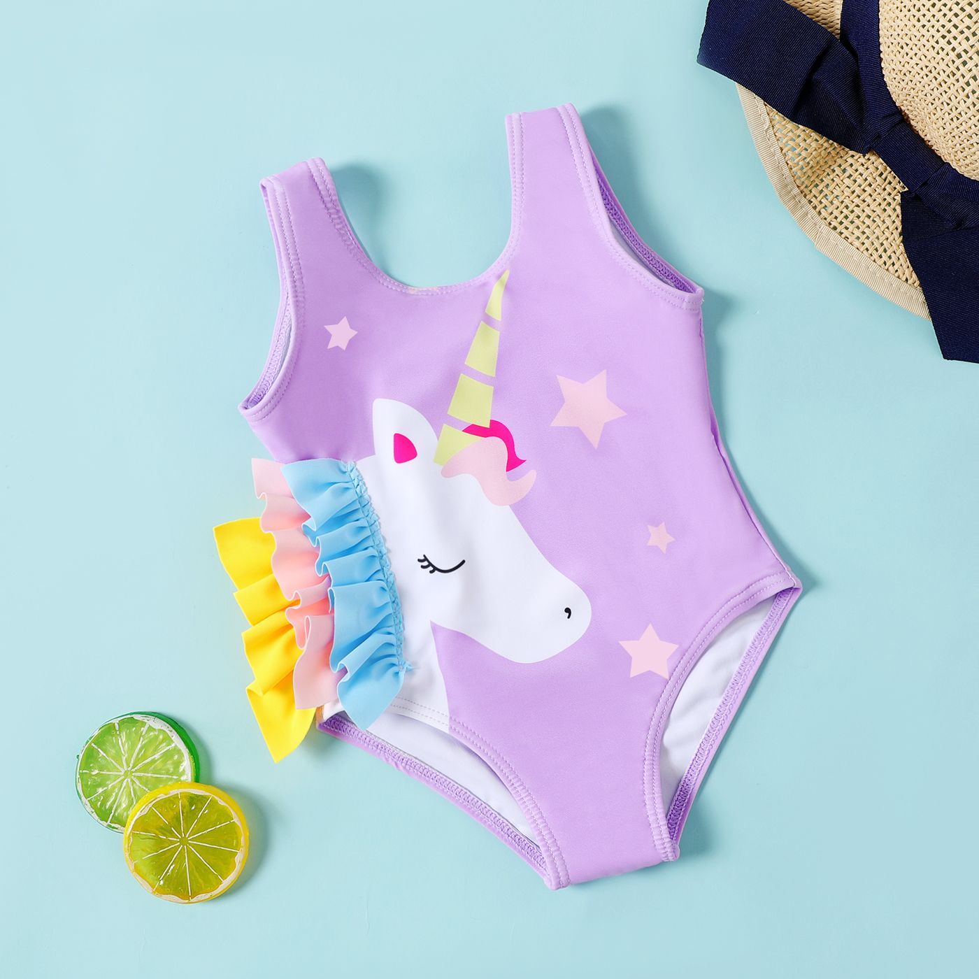 

Baby Girl Unicorn Print Ruffled One-piece Swimsuit